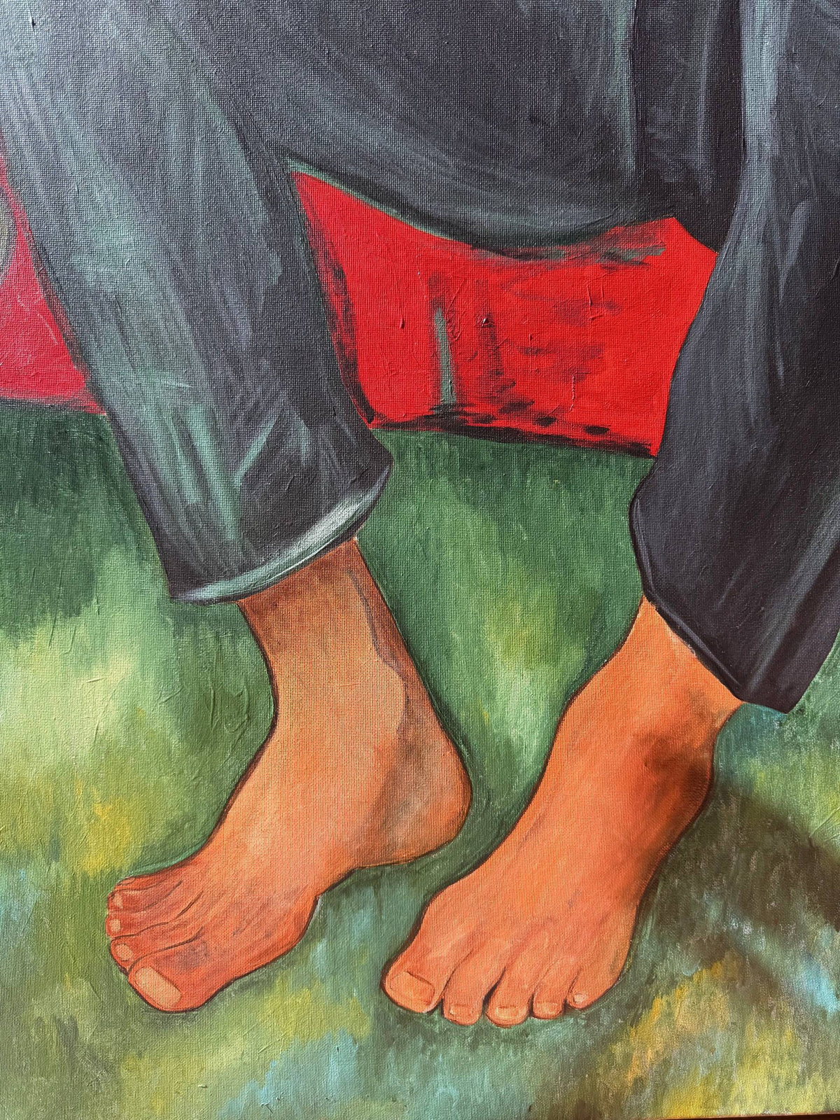 Kin — detail: feet on red cloth and green ground