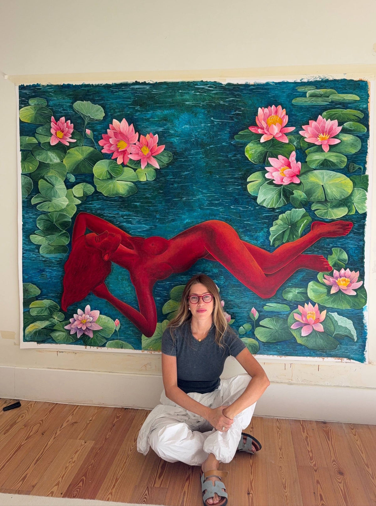 Sirena — Natalia Poltevskaya, acrylic on canvas 200 × 155 cm, shown with the artist