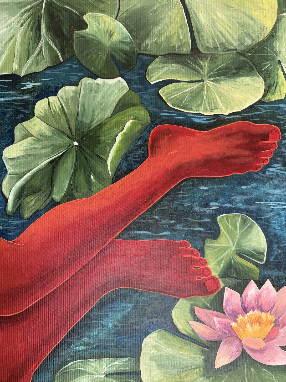 Sirena — detail: red feet crossing over lily pads beside a pink water lily