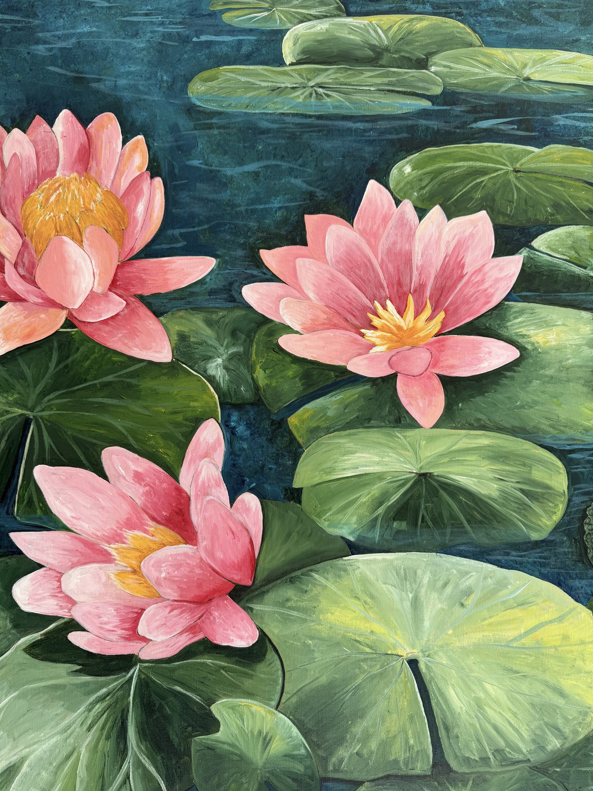 Sirena — detail: three pink water lilies among green lily pads