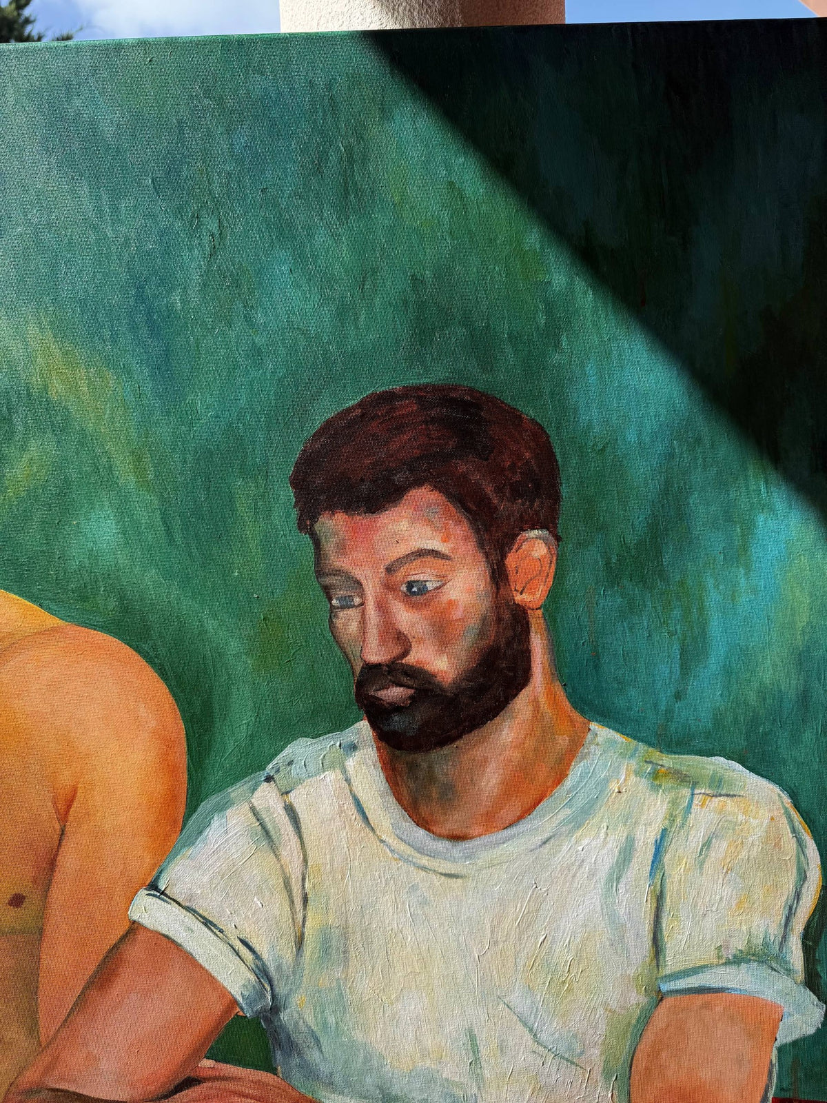Kin — detail: figure in white t-shirt, face