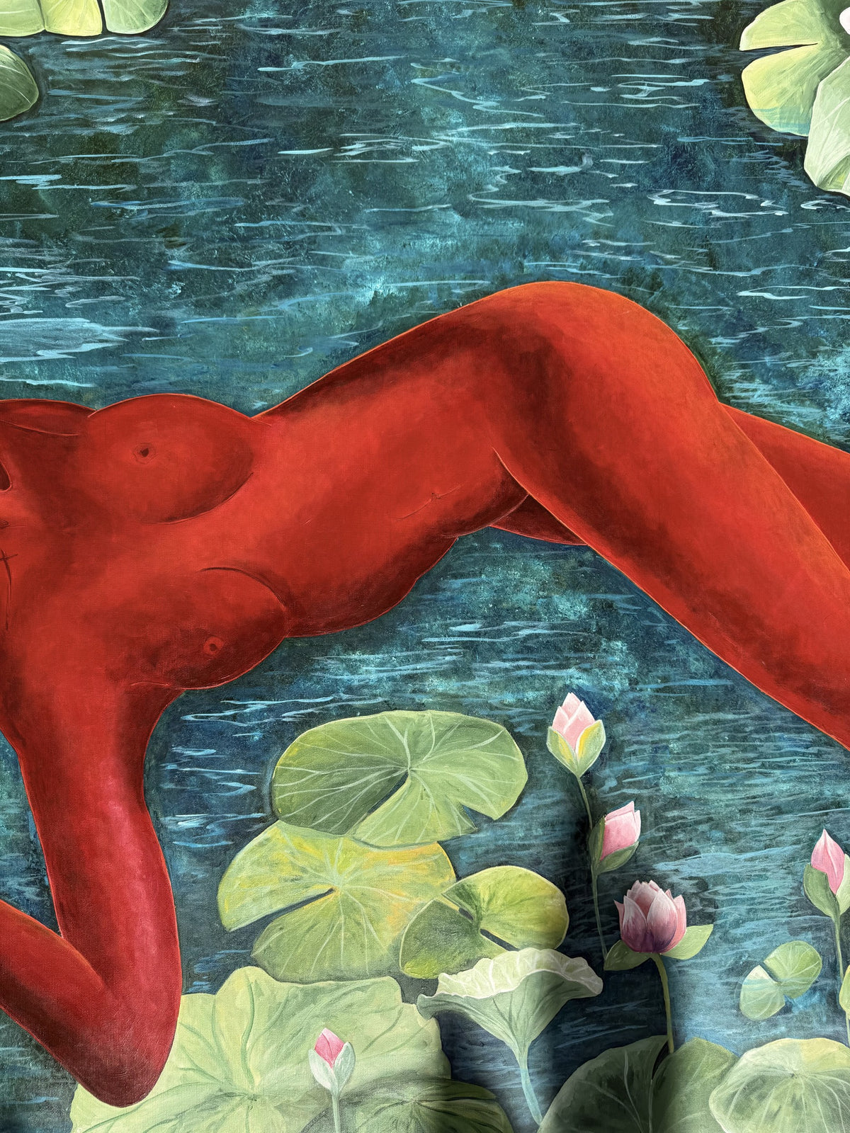Sirena — detail: red figure's torso and arm reclining in dark blue water