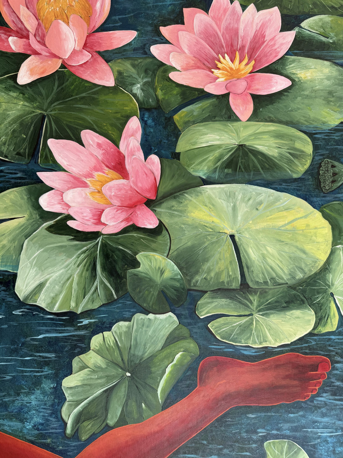 Sirena — detail: pink water lilies and lily pads above the figure's foot